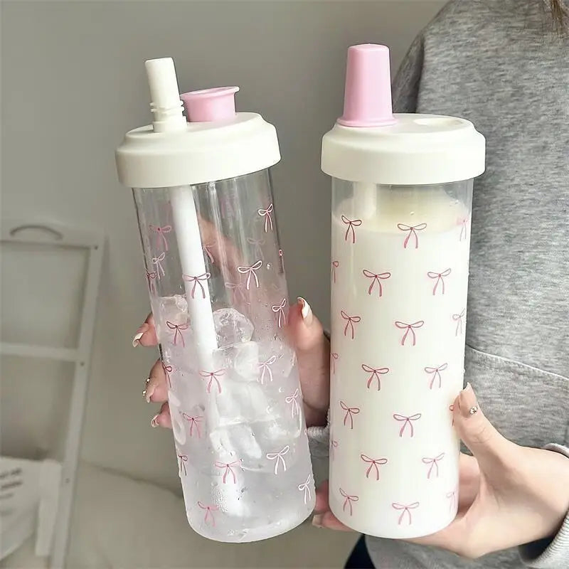 500/700ml Bow Straw Water Bottle – Cute Girls' Drink Cup Straw Water Bottle SPOT