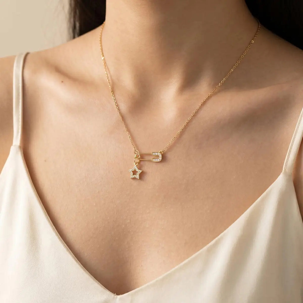 Safety Pin Necklace Pavé CZ Star Moon Sun Charm | Women Pendant Necklace SPOT