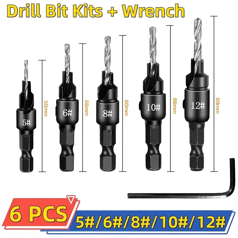 5-Piece Countersink Drill Bit Set for Wood – #5 to #12 Countersink Drill Bit Set SPOT HSS Silver 5-12