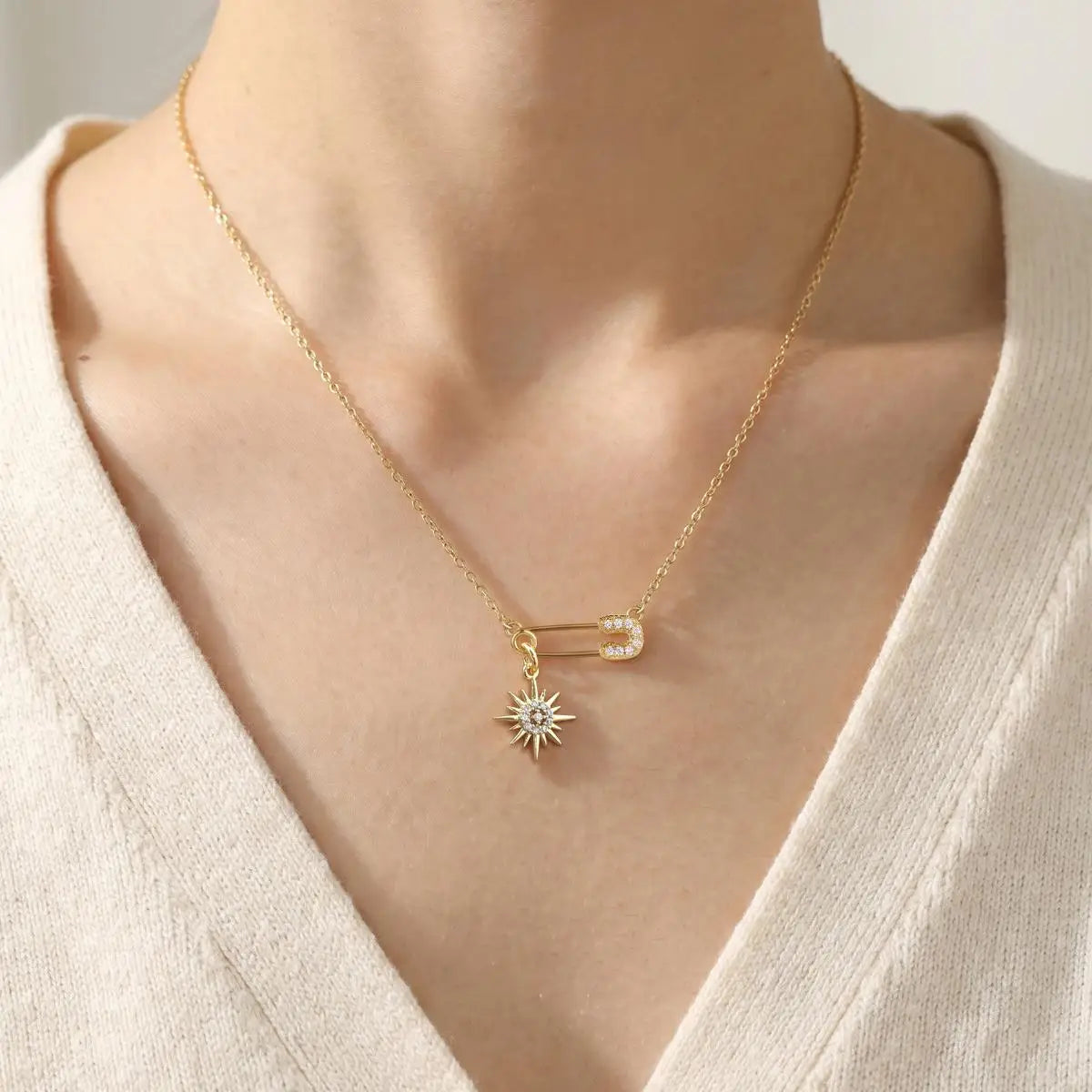 Safety Pin Necklace Pavé CZ Star Moon Sun Charm | Women Pendant Necklace SPOT