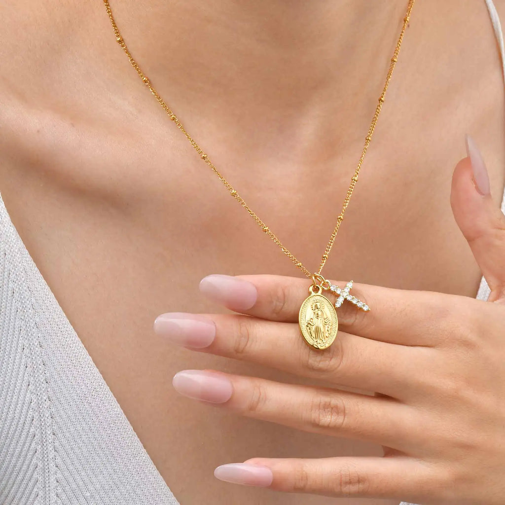 Virgin Mary Zirconia Cross Necklace – Hypoallergenic Gold Gift Pendant Necklace SPOT