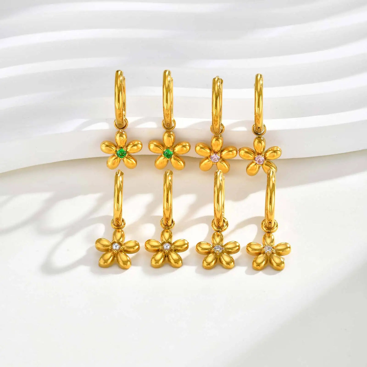 Zircon Flower Huggie Hoop Earrings | 18K Gold Plated Steel Huggie Hoop Earrings SPOT