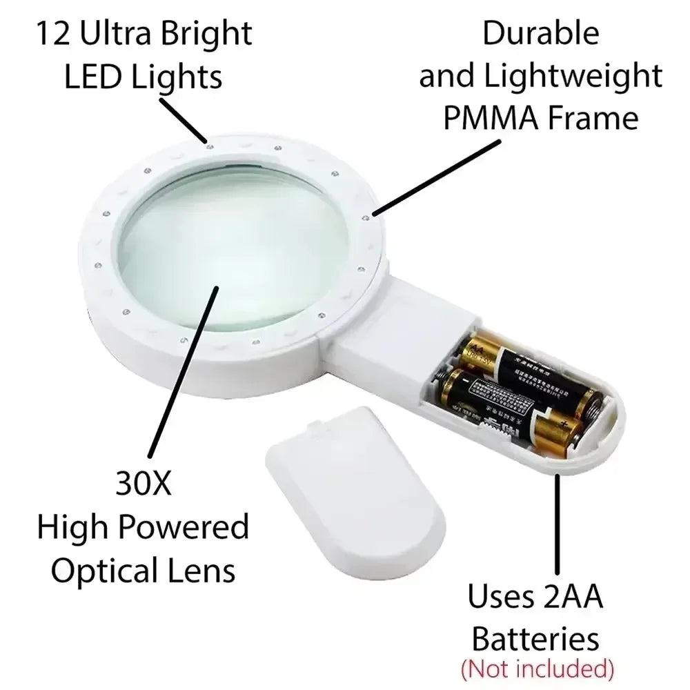 30X Hand-Held LED Magnifier – 12 LED Lights for Reading LED Magnifying Glass SPOT