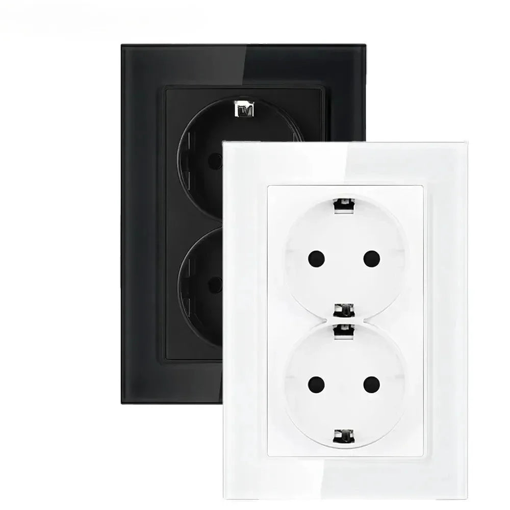 Double EU Wall Socket White Tempered Glass Panel 123×86mm EU Wall Socket SPOT