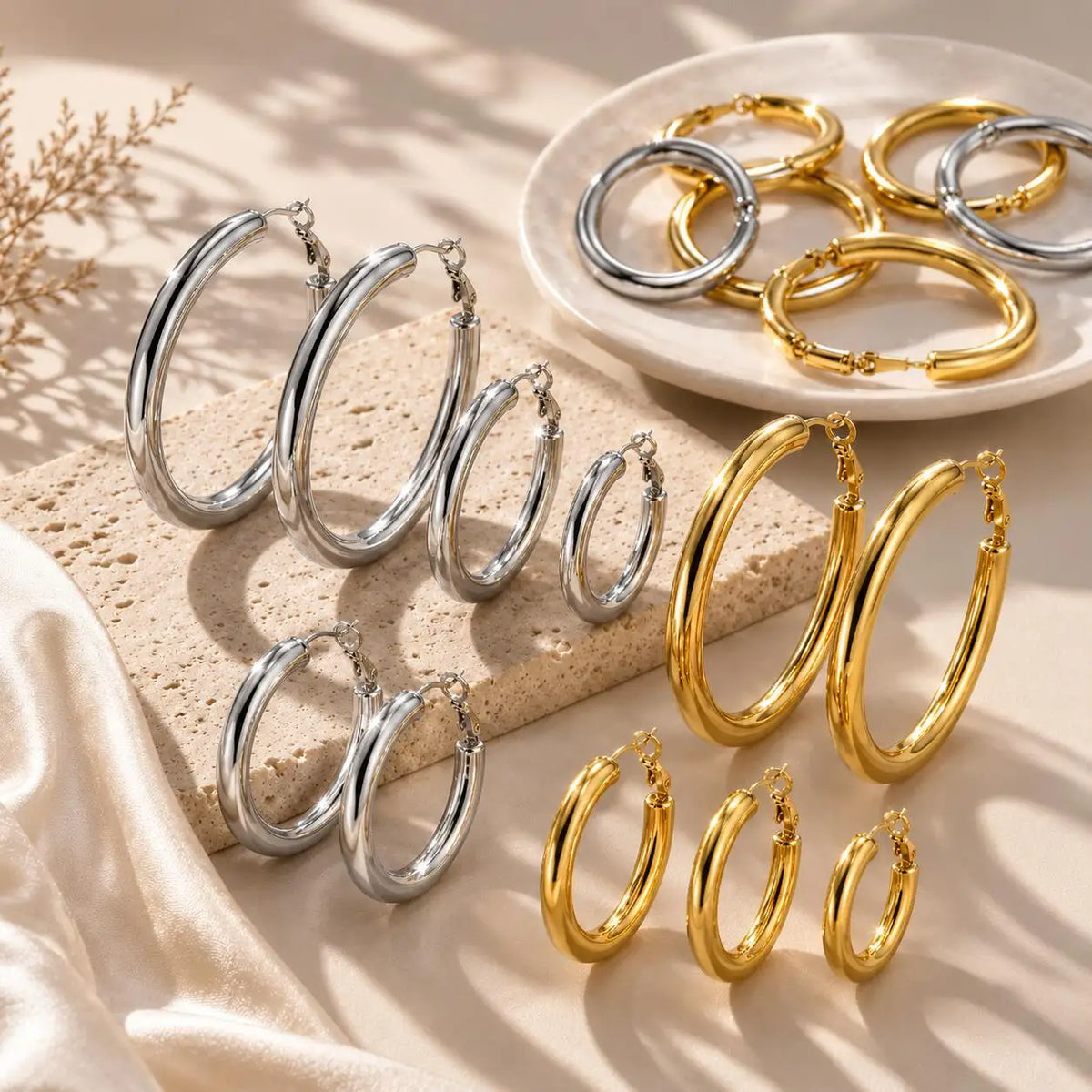 Chunky Gold Hoop Earrings – 18K Plated Stainless Steel 30–60mm Hoop Earrings SPOT