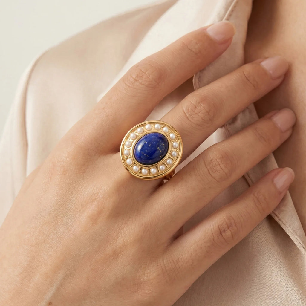 Lapis Lazuli Oval Ring – 18K Gold Plated Open Band | Women Statement Ring SPOT RC-821G02