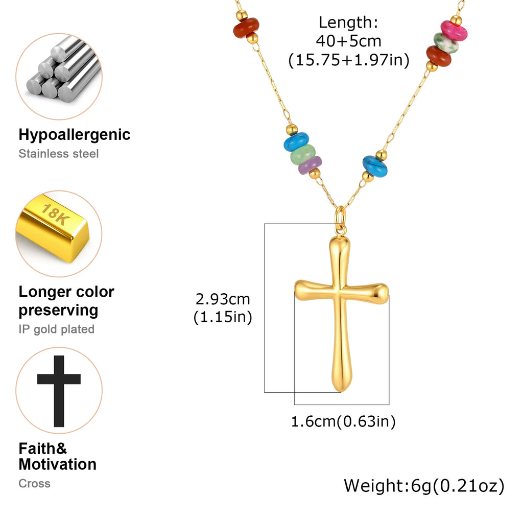 Natural Stone Beaded Cross Pendant Necklace – 18K Gold PVD Pendant Necklace SPOT