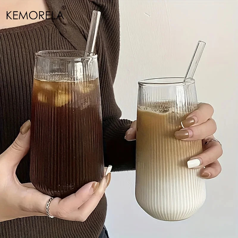 KEMORELA 4/6-Pack Heat-Resistant Striped Clear Glass Cups Glass Drinkware Set SPOT