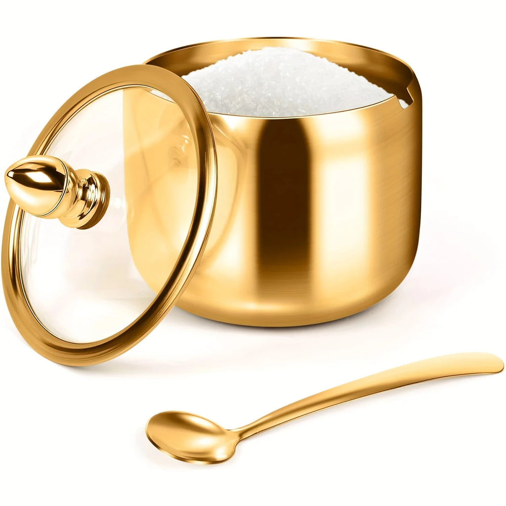 Gold Stainless Steel Sugar Bowl with Glass Lid & Spoon – 270ml Sugar Bowl SPOT
