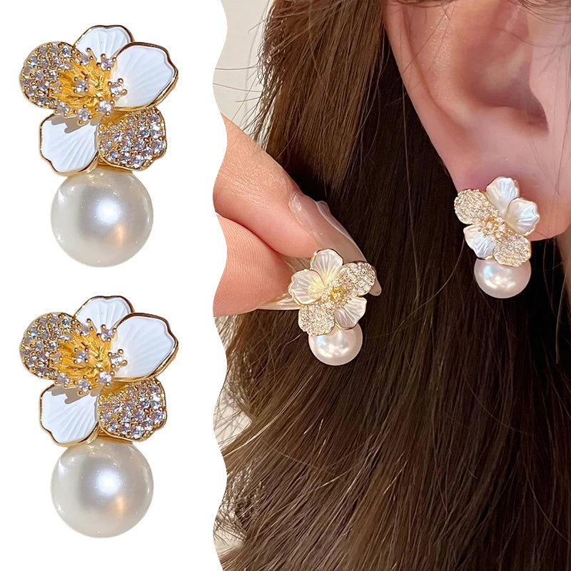 Sweet Flower Enamel Pearl Stud Earrings for Women & Girls Fashion Stud Earrings SPOT onesize