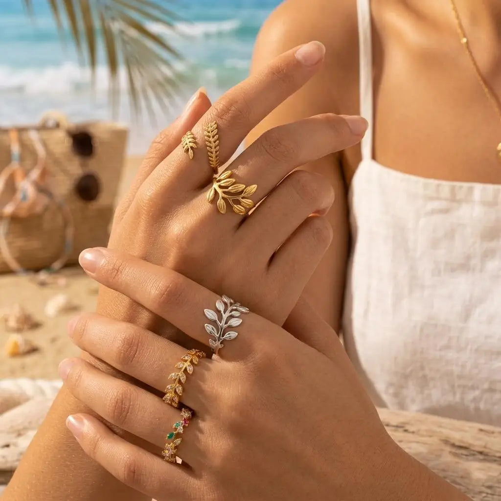 Adjustable Leaf Ring Women – CZ Crystal Gold Stackable Ring Fashion Ring SPOT