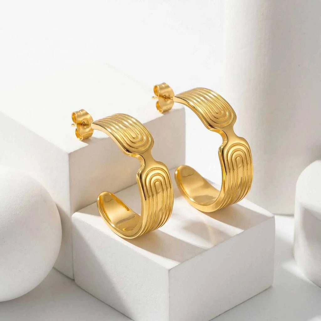 Gold C-Hoop Earrings – Textured Stainless Steel, Hypoallergenic Hoop Earrings SPOT