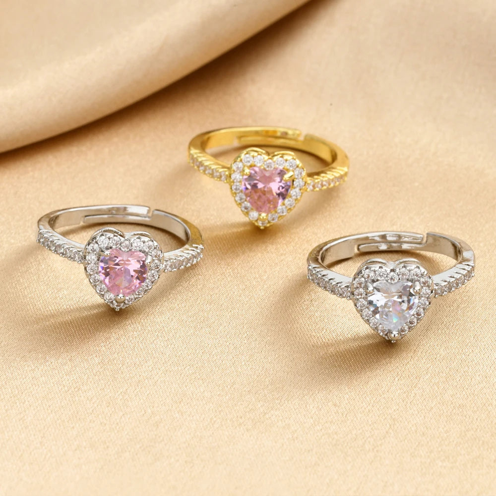 Adjustable Zircon Heart Ring for Women – Open Band, Silver Fashion Ring SPOT