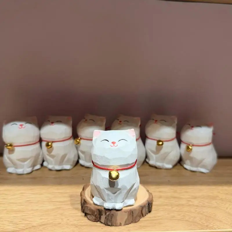Hand Carved Wooden White Cat Figurine | Lucky Desktop Ornament Wood Cat Figurine SPOT