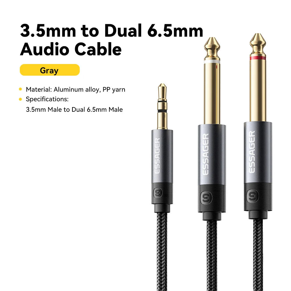 ESSAGER 3.5mm to Dual 6.35mm TRS Y-Splitter Stereo Audio Cable Audio Splitter Cable SPOT Grey 5m