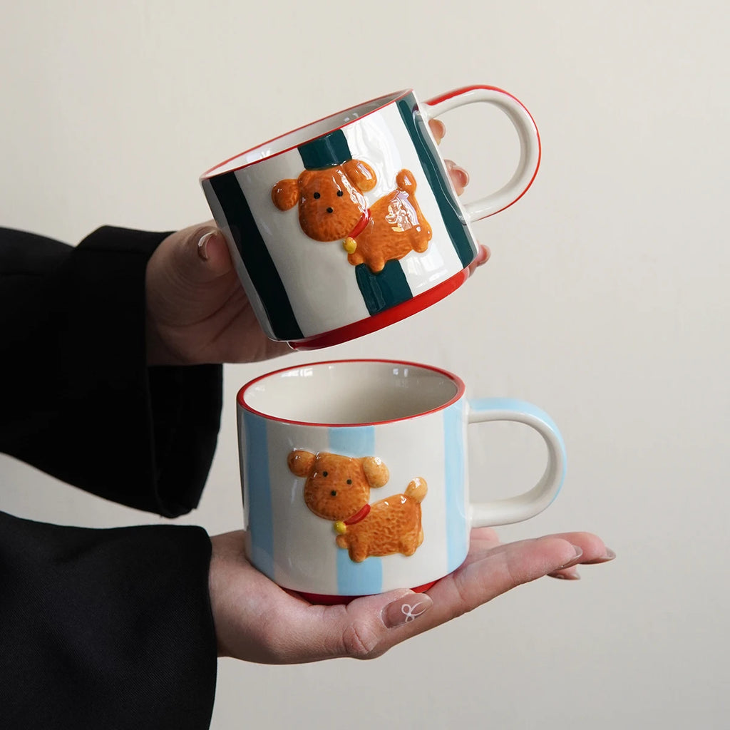Hand-Painted Ceramic Dog Mug – Embossed Striped Pattern Cup Ceramic Coffee Mug SPOT
