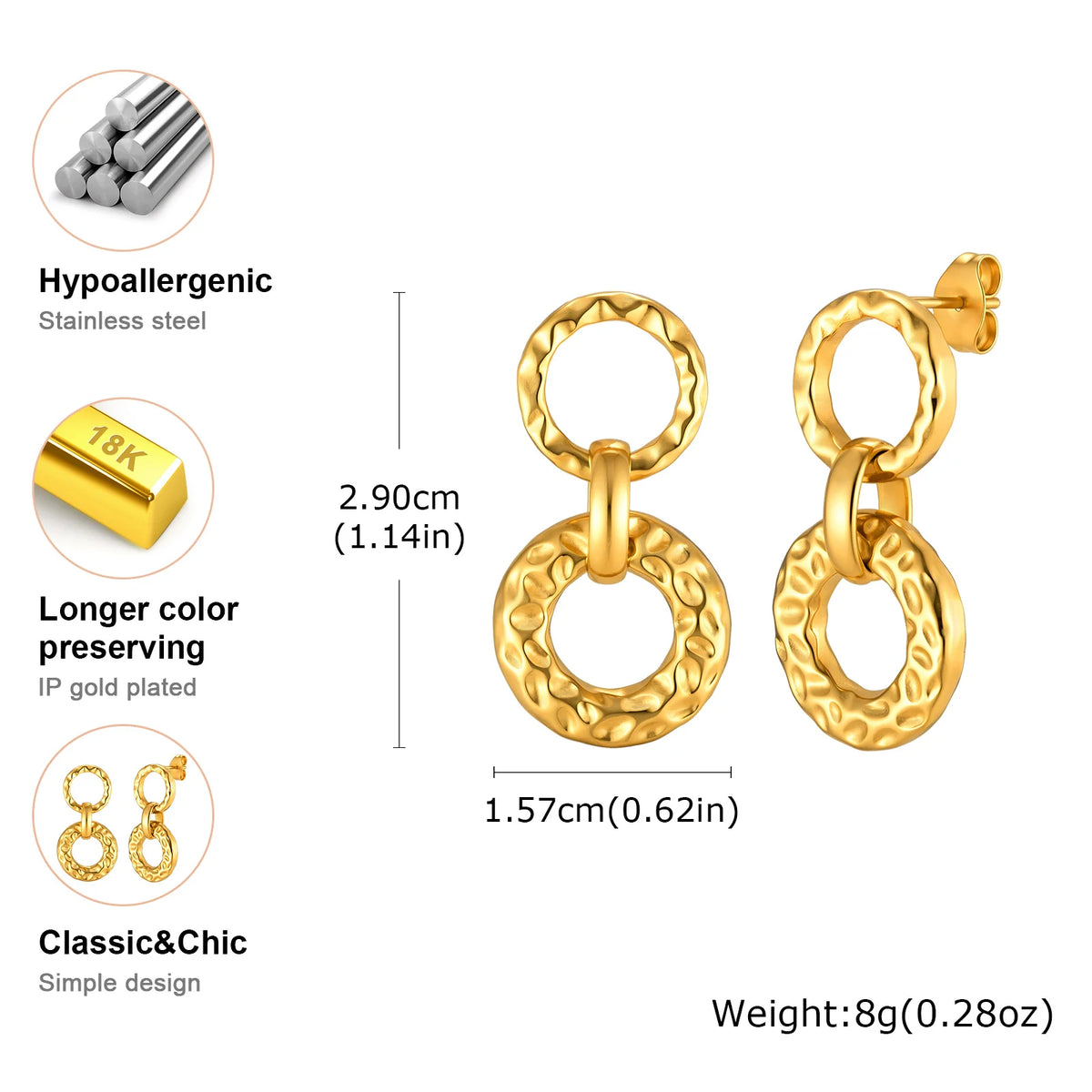 Hammered Double Circle Dangle Earrings – 18K Gold Plated Steel Dangle Earrings SPOT