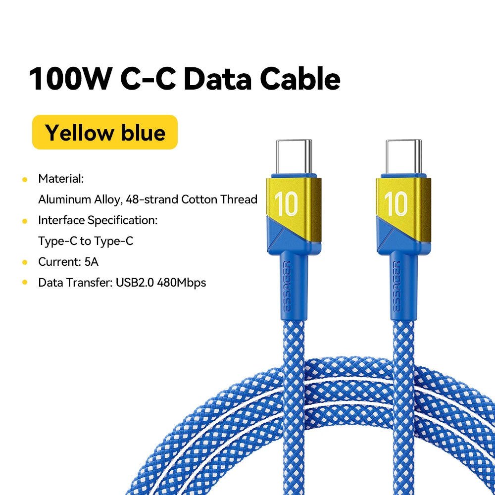 ESSAGER 100W USB-C Cable Fast Charging – iPhone & MacBook USB-C Charging Cable SPOT Yellow Blue 2M China Mainland