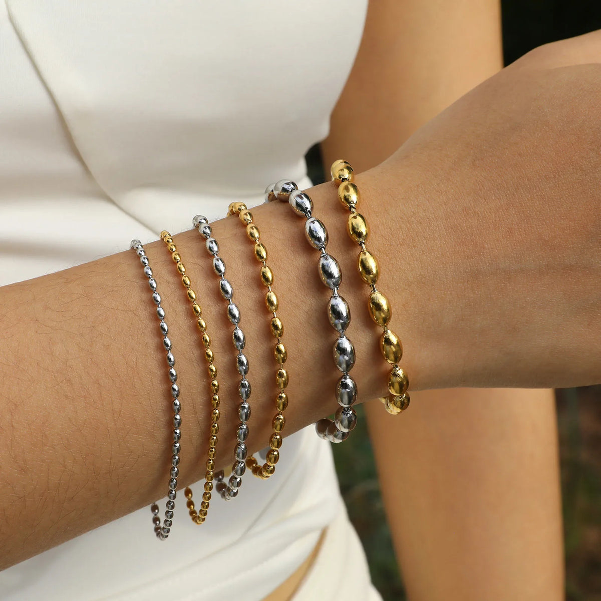 18K Gold Plated Oval Beaded Bracelet – Stackable Bangle Women Beaded Chain Bracelet SPOT