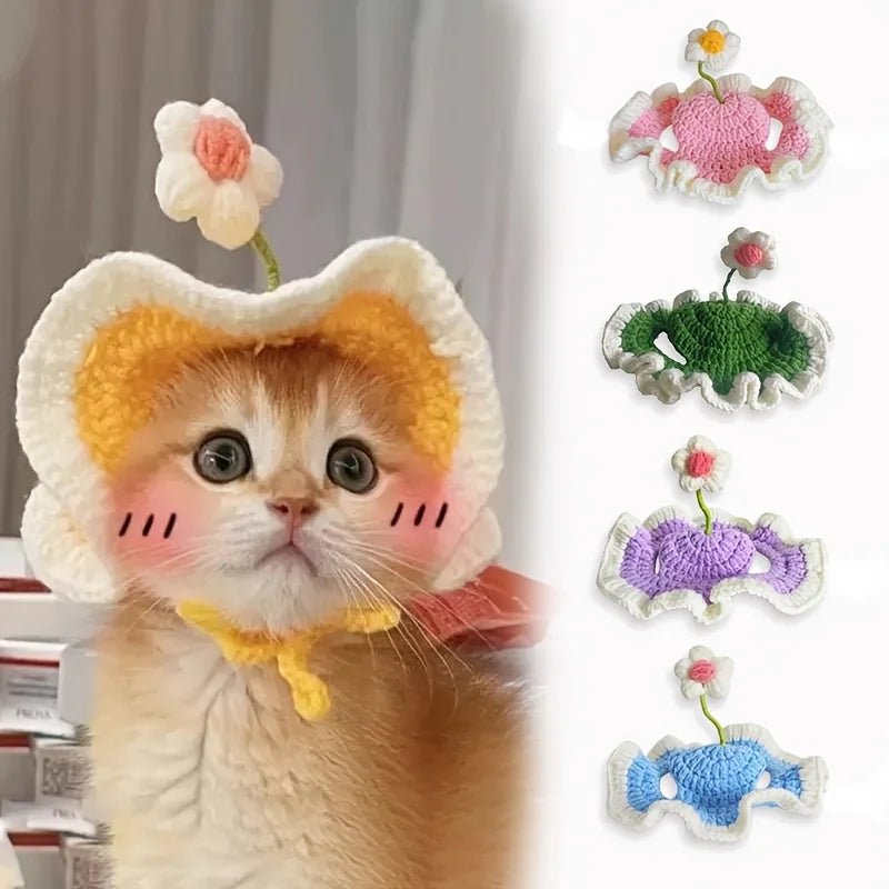 Cute Flower Crochet Pet Hat – Knit Cap for Cats & Small Dogs Pet Costume Hat SPOT