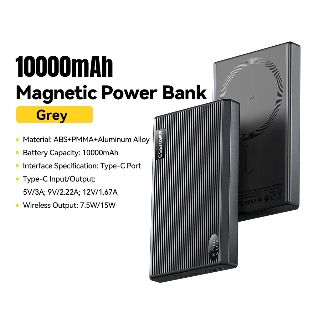 Essager 10000mAh Magnetic Power Bank 20W Wireless Charging Wireless Power Bank SPOT Grey 10000mAh