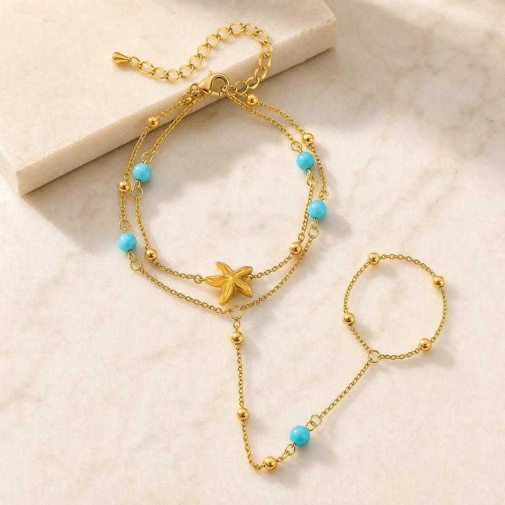 Starfish Hand Chain Bracelet – Turquoise Beads & Finger Ring Hand Chain Bracelet SPOT