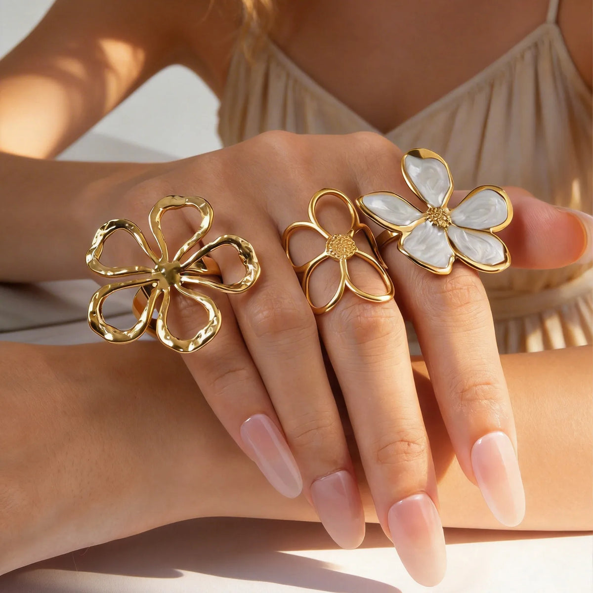 18K Gold Plated Floral Statement Ring – Open Adjustable Band Fashion Statement Ring SPOT