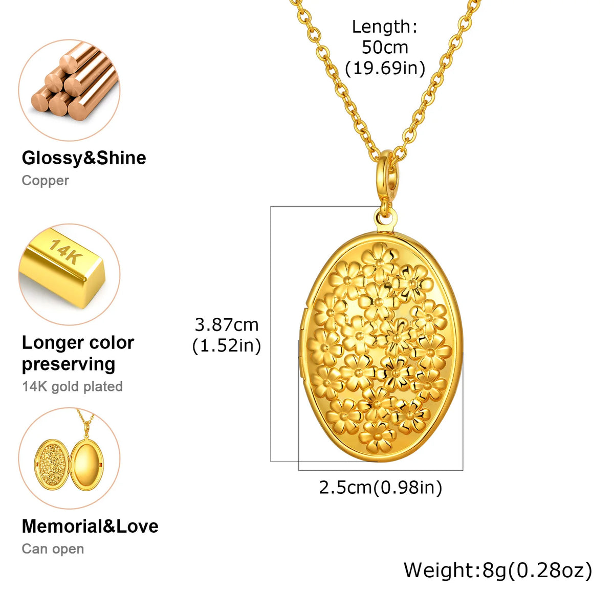 Oval Flower Locket Necklace – Gold Photo Pendant for Women Photo Locket Necklace SPOT