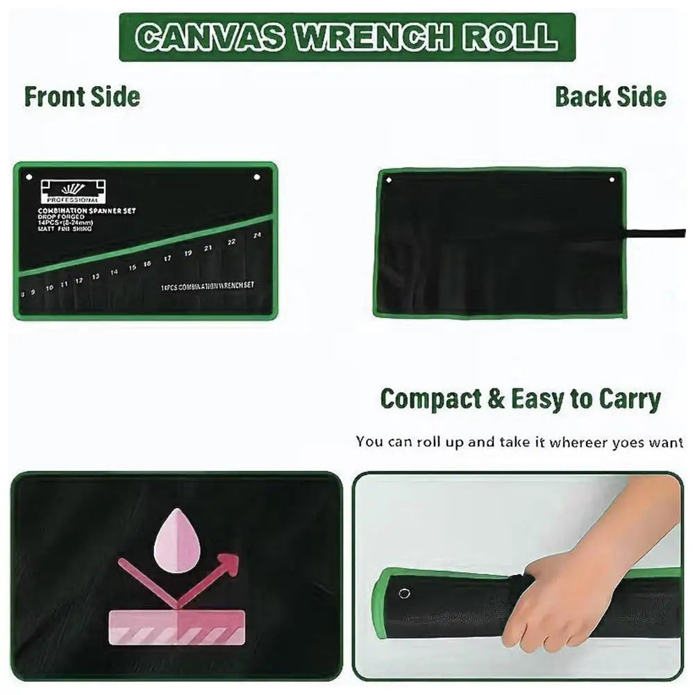 14-Pocket Wrench Roll Organizer – Portable Tool Pouch Bag Tool Roll Organizer SPOT