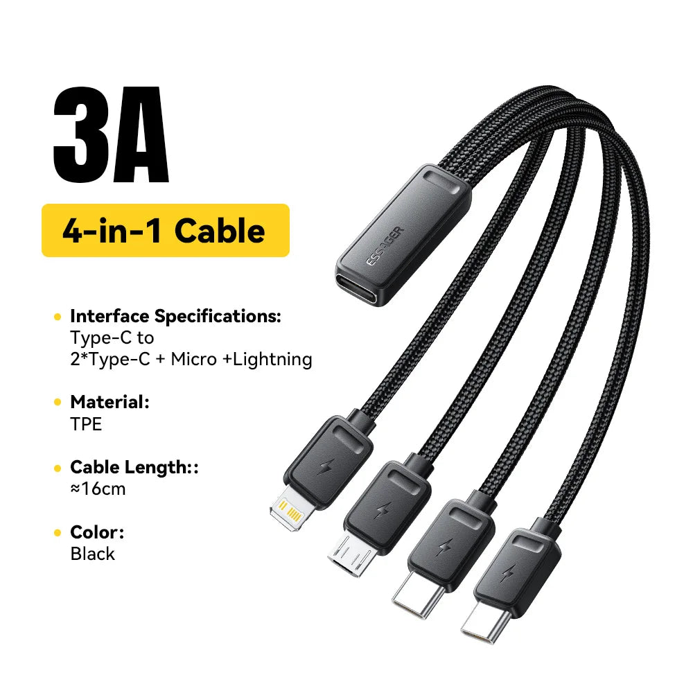 Essager 4-in-1 Fast Charging Cable – USB-C, Micro & Lightning Multi USB Charging Cable SPOT black