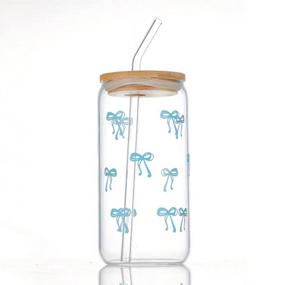 Pink Bow Glass Cup with Lid & Straw – 18oz Borosilicate Tumbler Glass Tumbler SPOT 1pc blue 500ml