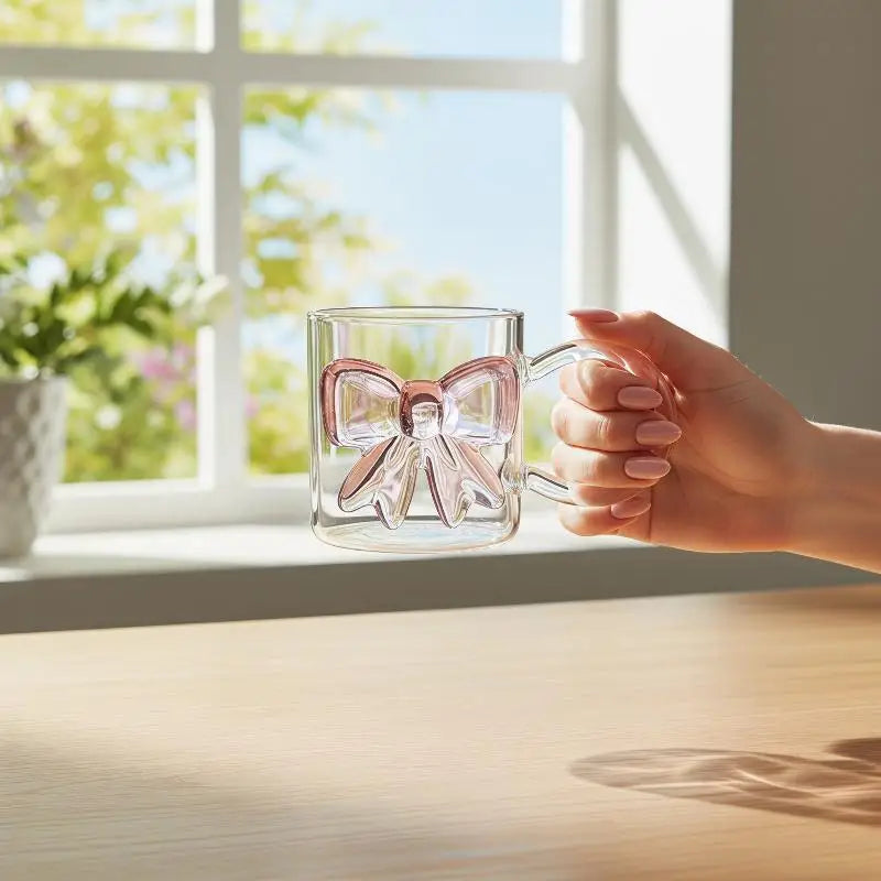 Pink Bow Glass Cup 400ml – Heat-Resistant Borosilicate Drinkware Glass Cup SPOT