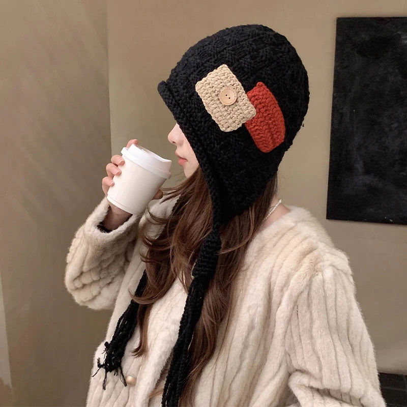 Women's Braided Knit Beanie – Tassel Patch Winter Hat Knit Beanie Hat SPOT Black