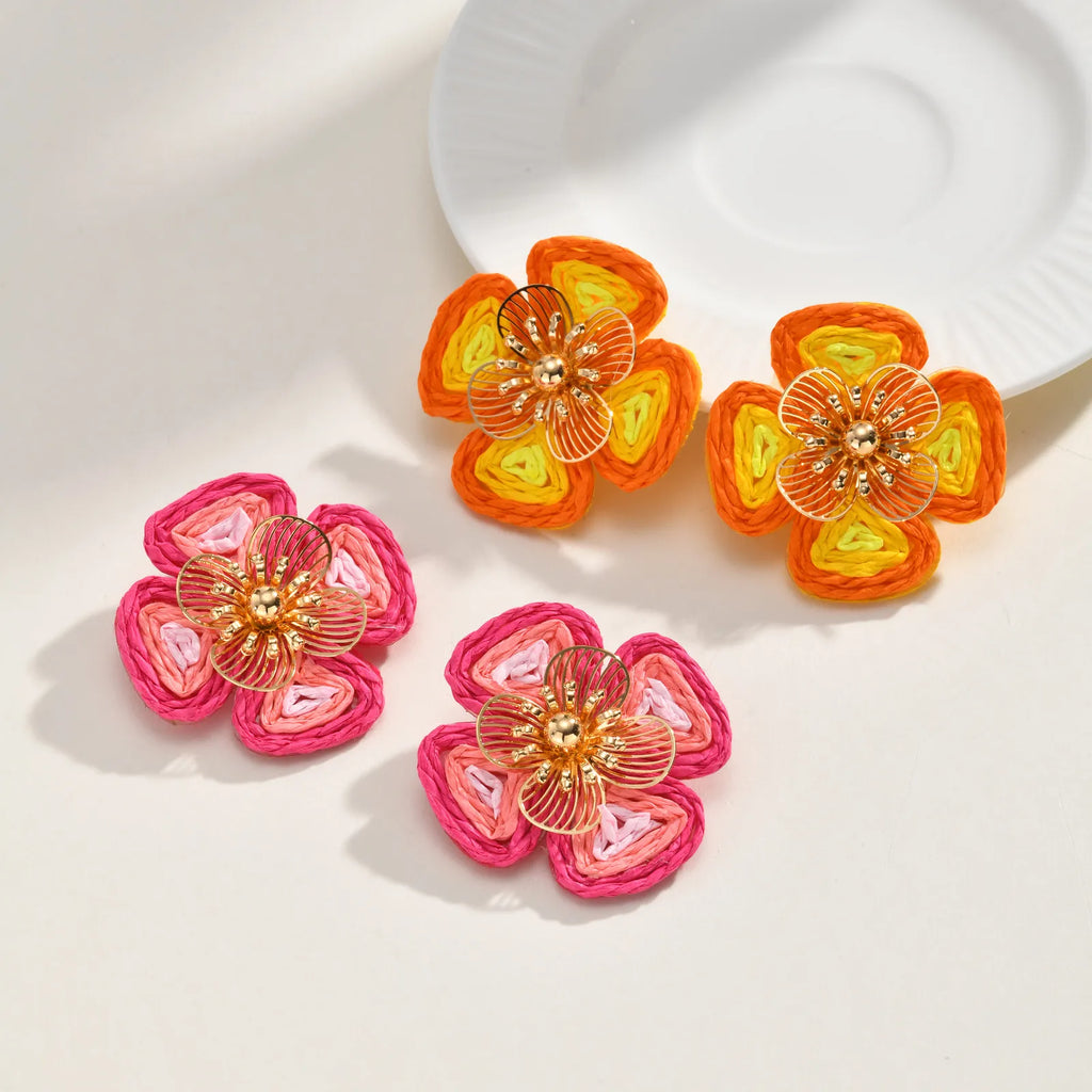 Boho Raffia Flower Stud Earrings – 14K Gold Plated Floral Stud Earrings SPOT