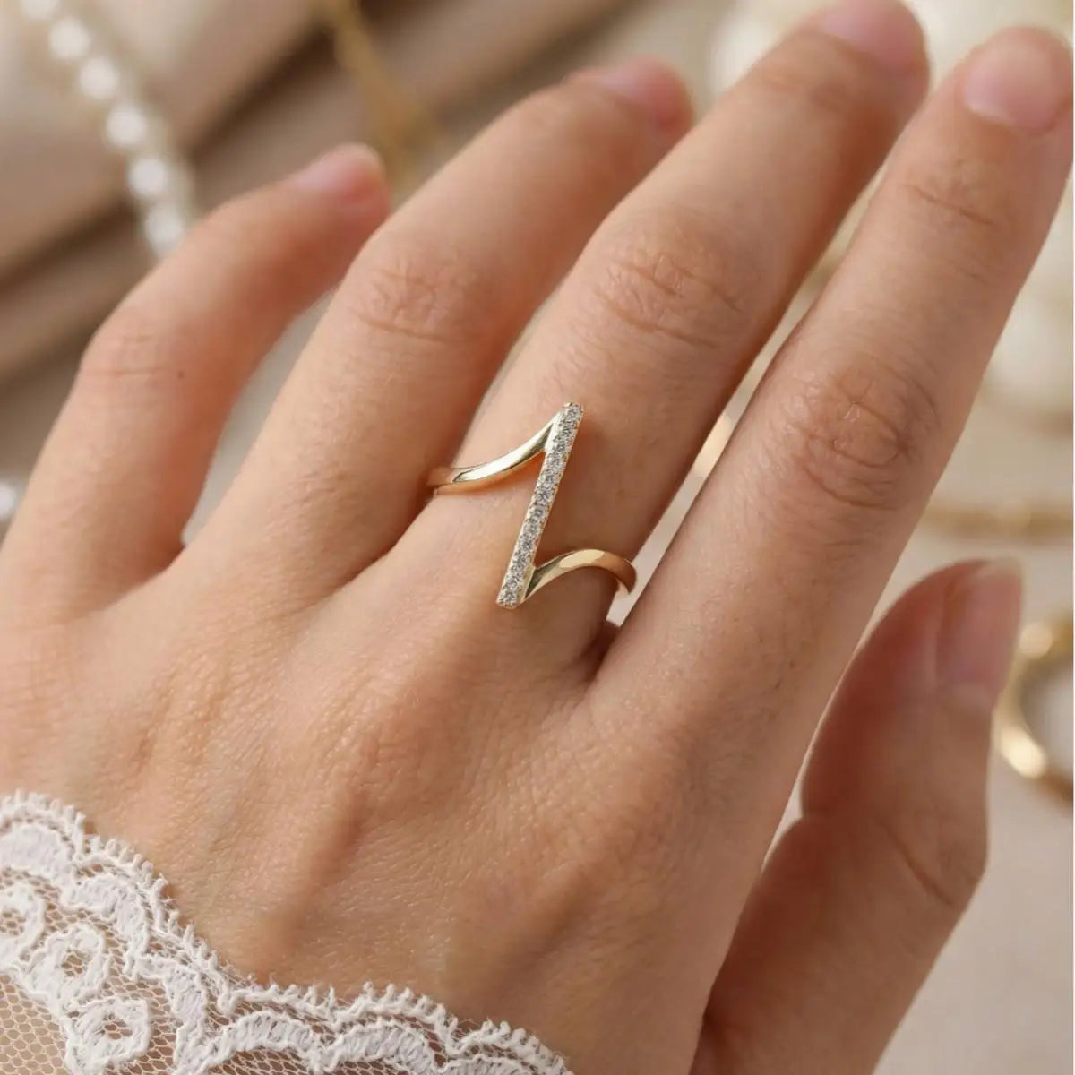 Geometric Adjustable Zircon Ring – 18K Gold Plated Open Band Fashion Ring SPOT