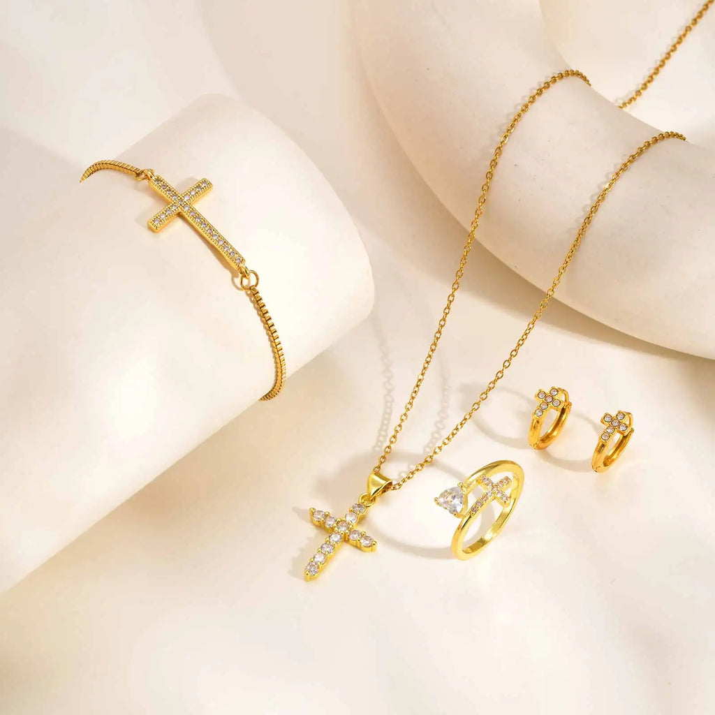 Christian Cross Jewelry Set – Gold Necklace, Bracelet, Earrings & Ring Jewelry Set SPOT