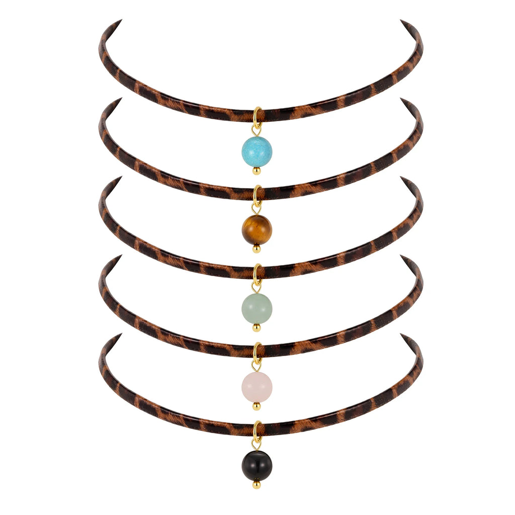 Leopard Leather Choker – 18K Gold Plated Turquoise Pendant Choker Necklace SPOT