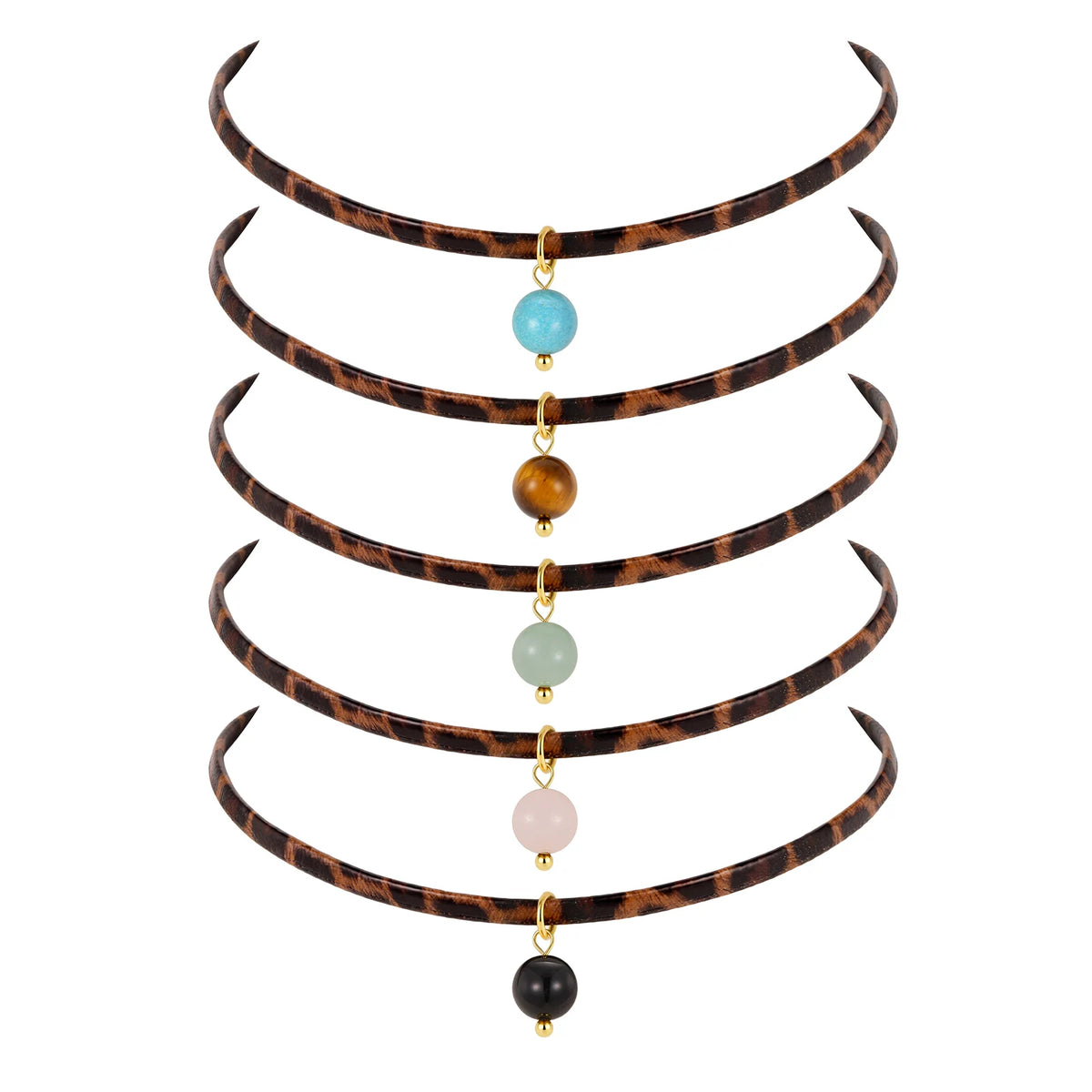 Leopard Leather Choker – 18K Gold Plated Turquoise Pendant Choker Necklace SPOT