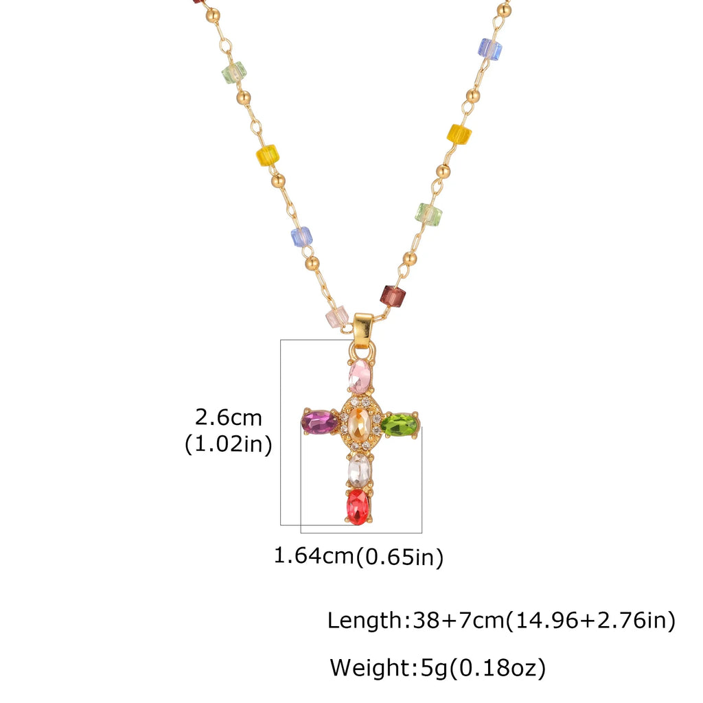 Rainbow Crystal Cross Necklace – Zircon Boho Clavicle Chain Pendant Necklace SPOT