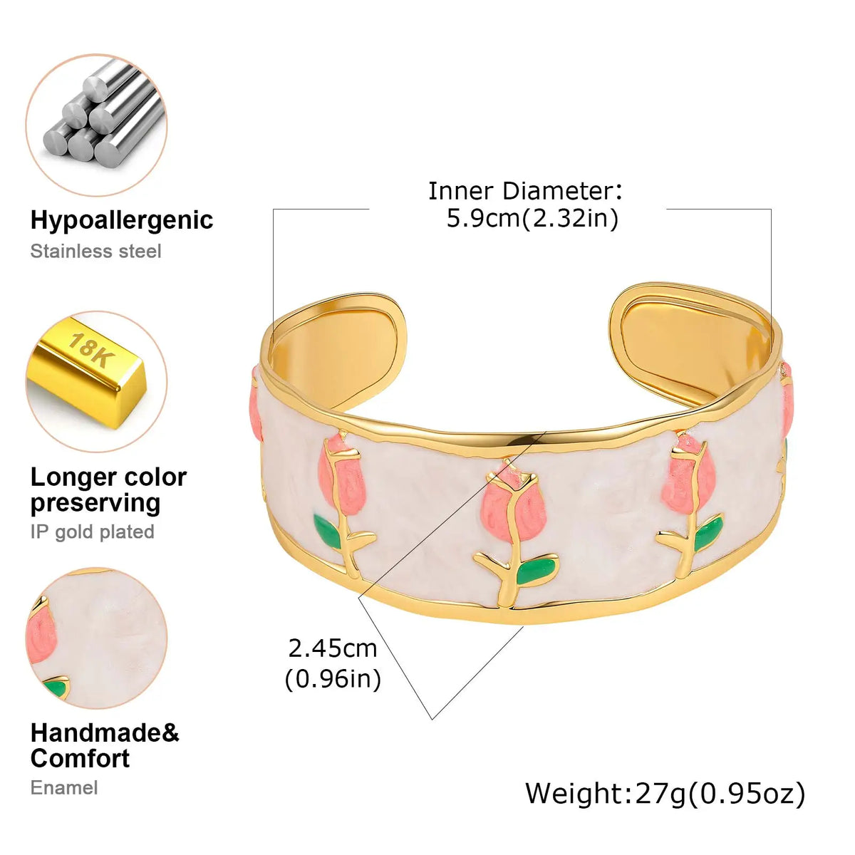 Wide Enamel Tulip Cuff Bracelet – 18K Gold Plated Bangle Cuff Bangle Bracelet SPOT