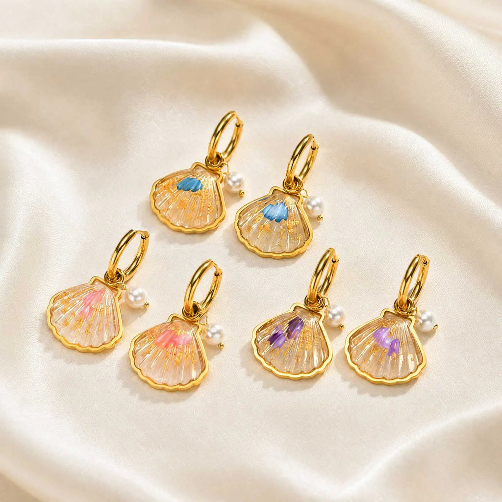 Asymmetric Ocean Hoop Earrings – Gold Shell Pearl Dangle Hoop Dangle Earrings SPOT