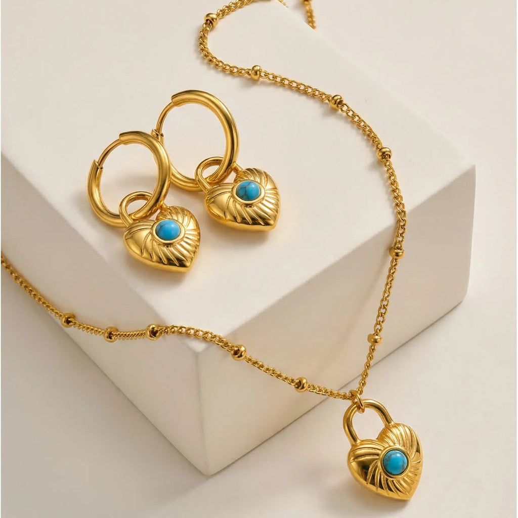 Vintage Heart Pendant Necklace | 18K Gold Plated Turquoise Beads Pendant Necklace SPOT