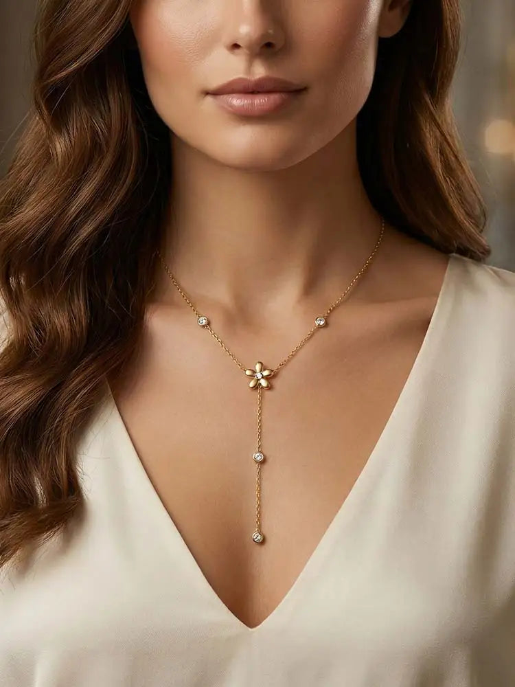 Y-Shape Zirconia Flower Lariat Necklace – Gold, Tarnish Free Pendant Necklace SPOT