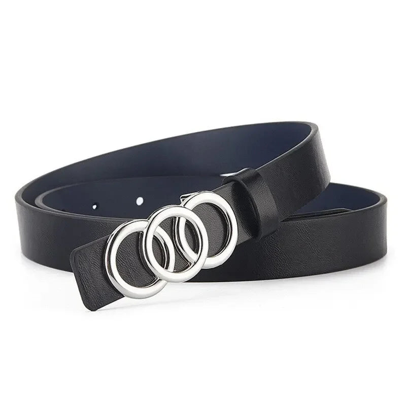 Women's PU Leather Belt – Silver Triple Circle Buckle Women's Fashion Belt SPOT