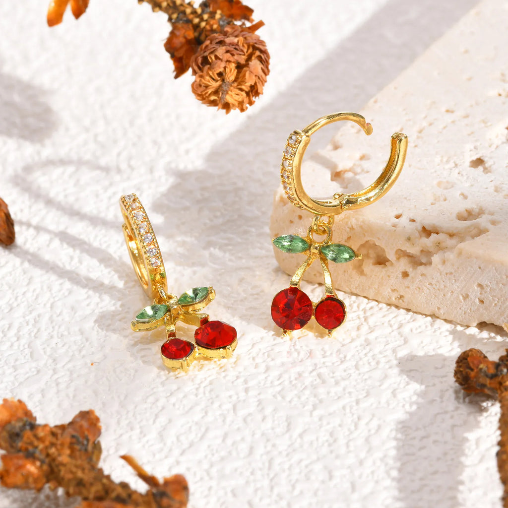 Cherry Zirconia Dangle Earrings – 14K Gold Plated & Hypoallergenic Dangle Drop Earrings SPOT