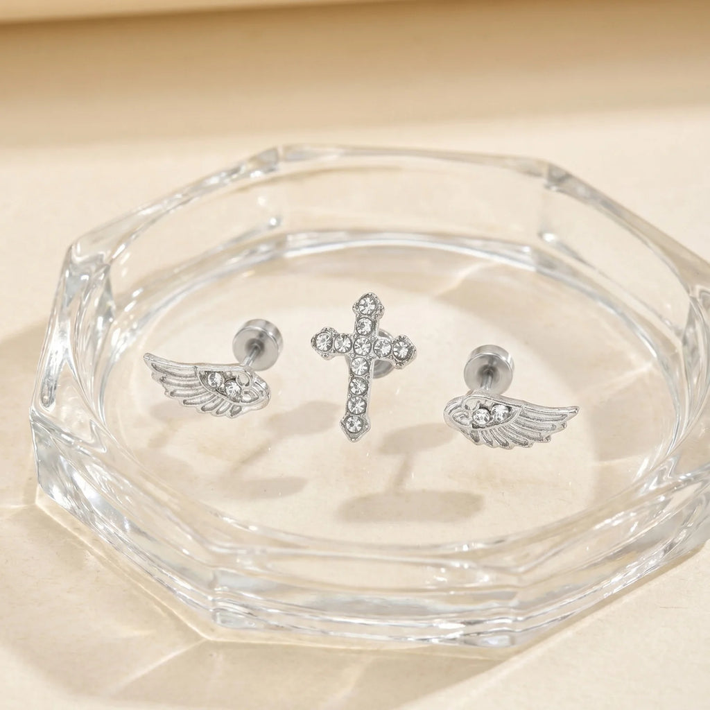 Gothic Cross Angel Wings Stud Earrings Set – 3Pcs CZ Silver Stud Earring Set SPOT