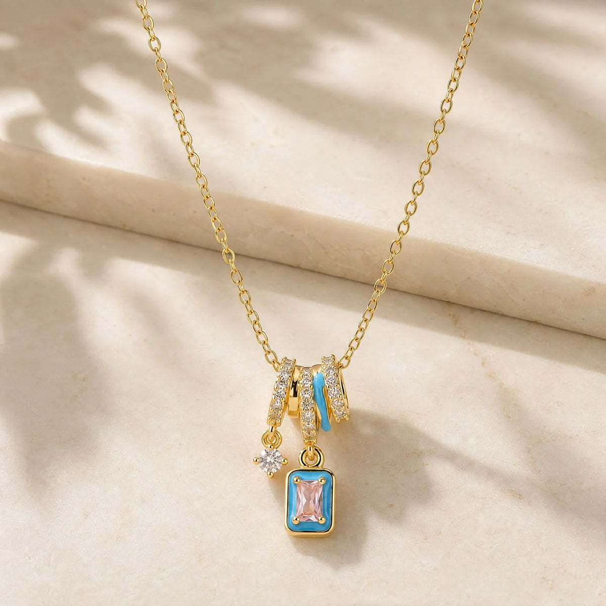 Multi Charm Necklace – 18K Gold Plated Stainless Steel CZ Charm Pendant Necklace SPOT