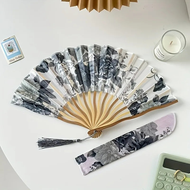 Chinese Ink Painting Folding Fan – Bamboo Cloth Fan with Tassel Decorative Folding Fan SPOT